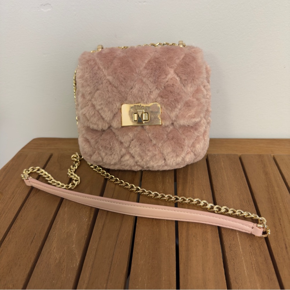 NEW Kate Spade Pink Quilted Faux Fur Mini Bag with Gold Chain